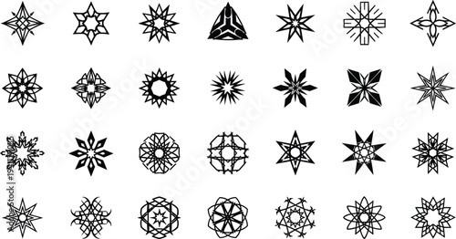 Large collection of black geometric mandala stars and linear floral ornaments for decorative pattern design and creative graphic elements.Large collection of black geometric mandala stars and linear f