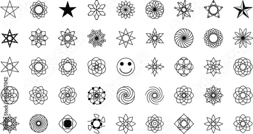 Comprehensive collection of black geometric mandala stars and linear floral ornaments for decorative pattern design and creative graphic elements.Comprehensive collection of black geometric mandala st