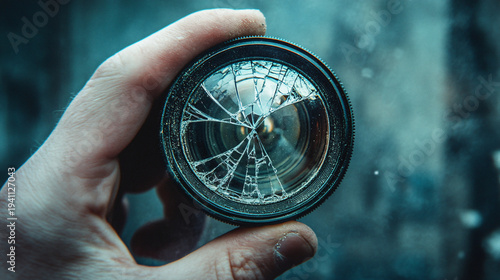 Hand holding broken camera lens with cracked glass