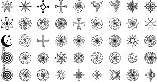 Large collection of black linear celestial icons featuring crescent moon stars crosses and swirling abstract geometric ornaments for decorative design.Large collection of black linear celestial icons 