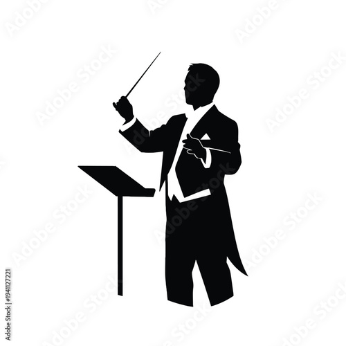 Conductor Leading Orchestra with Baton in Formal Attire Silhouette