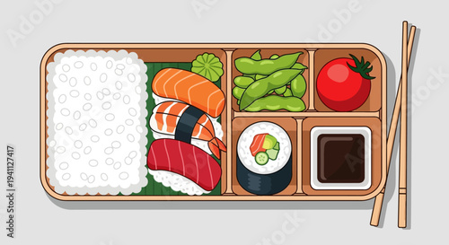 Japanese Bento Box Lunch with Sushi, Rice, Edamame, and Tomato