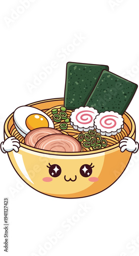 Kawaii Ramen Bowl Character with Cute Face and Ingredients