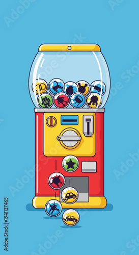 Retro Gumball Machine Dispensing Toys on Blue Background