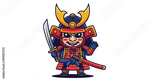 Cute Chibi Samurai Warrior with Sword, Japanese Warrior Cartoon Character