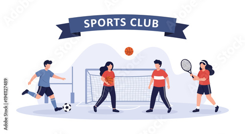 Sports Club: Diverse people playing soccer, basketball, and tennis outdoors.