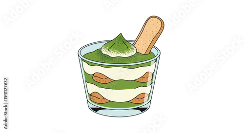 Matcha Tiramisu Dessert in Glass with Ladyfinger and Mint Garnish