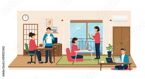 People working remotely from home in a cozy living room, diverse individuals collaborating online