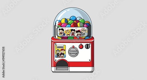 Red Gumball Machine Filled with Colorful Balls and Cartoon Characters