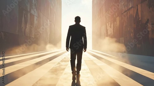 Man in a suit walks confidently towards a bright light between two imposing walls, symbolizing future success.