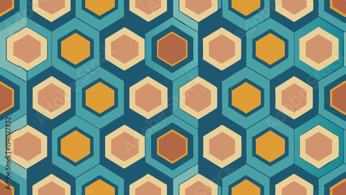 Retro hexagon pattern design in blue, beige, and orange