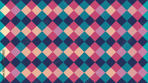 Geometric diamond pattern background in teal, pink and navy