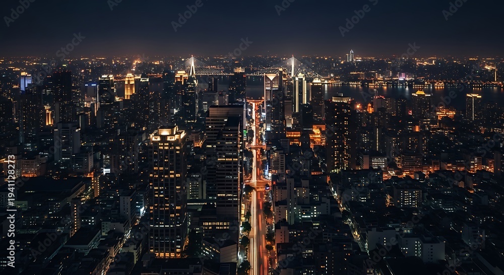 Obraz premium Elevated night view showcasing a cityscape illuminated with bright lights, a bridge, and a dark sky