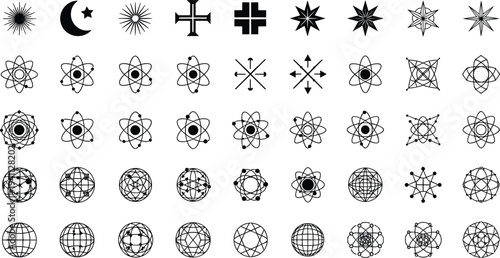 Large collection of black solid silhouette icons featuring butterfly hourglass heart crescent moon and various geometric star ornaments for graphic design.Large collection of black solid silhouette ic