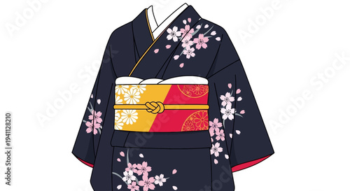 Elegant Dark Blue Kimono with Cherry Blossoms and Decorative Obi