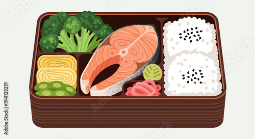 Healthy Salmon Bento Box Lunch with Rice, Broccoli, and Tamagoyaki