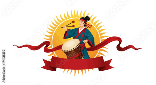 Asian Man Playing Drum with Sun and Ribbon Banner