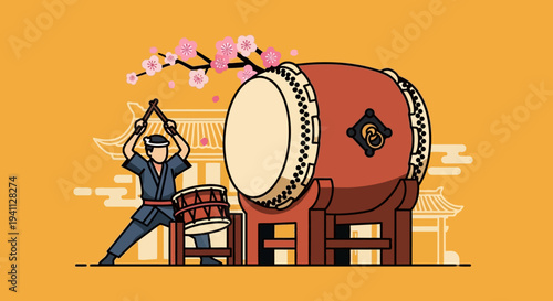 Japanese Taiko Drummer Performing with Large Drum and Cherry Blossoms