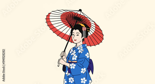 Japanese Woman in Kimono Holding Red Umbrella, Traditional Culture