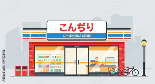 Japanese Convenience Store Facade with Bicycles and Trash Cans