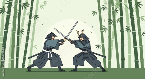 Two Samurai Warriors in Combat Amidst a Bamboo Forest