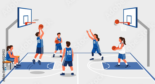 Young basketball players practicing on court, teamwork, active lifestyle, sports training