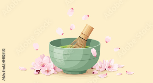 Matcha Tea Ceremony Set with Cherry Blossoms and Falling Petals