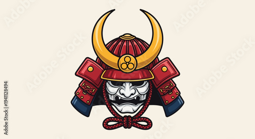 Samurai Helmet and Mask Illustration - Japanese Warrior Armor