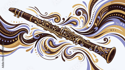 A detailed, artistic illustration of a clarinet surrounded by elegant, swirling decorative patterns in brown, gold, and blue hues.