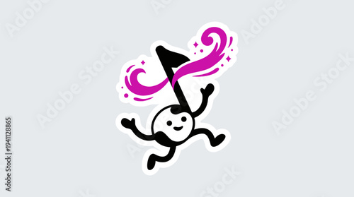 A cheerful cartoon musical note character with a smiling face and stick arms and legs, running or dancing, with a vibrant pink magical swirl emanating from its top.
