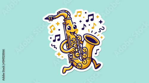 A cheerful cartoon saxophone character playing music with notes and sparkles on a light blue background.