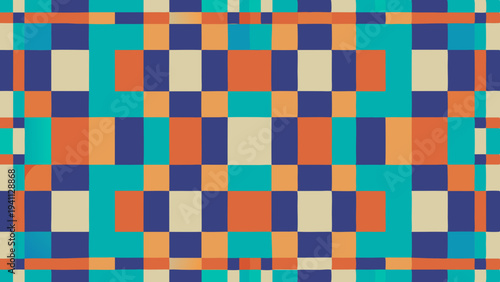 Geometric pattern of squares in teal, orange, and beige