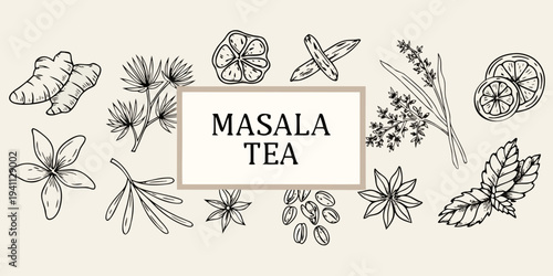 Hand drawn illustration of spices and herbs for masala tea preparation