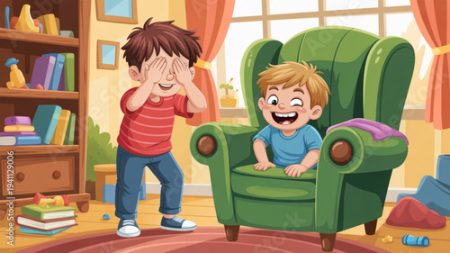 Two happy boys playing peek a boo in a cozy living room with green armchair and bookshelf