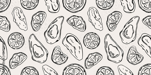 Seamless pattern of hand drawn citrus fruit slices on a light background