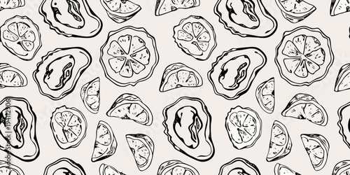 Seamless pattern of hand drawn oyster shells with internal details