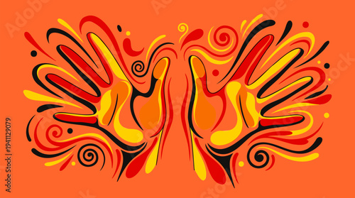 Vibrant graphic illustration of two stylized hands with fingers spread, surrounded by energetic swirling patterns in orange, red, yellow, and black on an orange background.