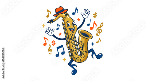 A cheerful cartoon saxophone character wearing a fedora hat, dancing amidst musical notes and stars, on a white background.