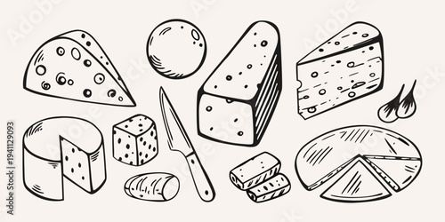 A collection of various cheese types and a knife hand drawn illustration