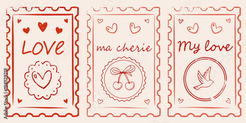 Three red hand drawn stamp designs with romantic phrases and imagery