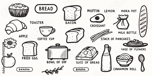 Hand drawn illustration of various breakfast and bakery items