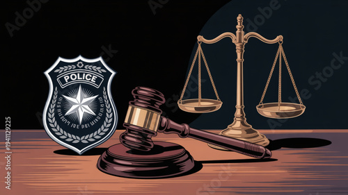 Police badge gavel and scales of justice on a wooden desk against a dark background symbolizing law and order