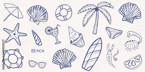 A collection of hand drawn beach elements in a minimalist style