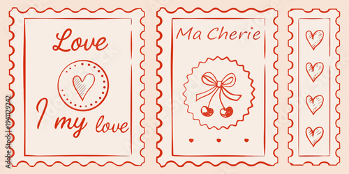 Hand drawn postage stamps with romantic phrases and heart illustrations