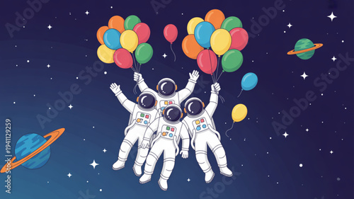 Three astronauts in white space suits floating in starry night sky with colorful balloons and planets