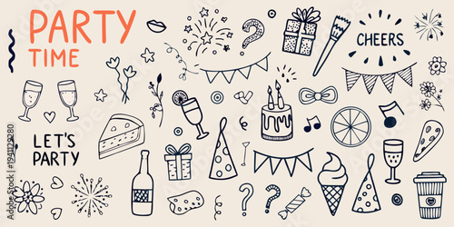 Festive party doodles including champagne cake and celebratory decorations