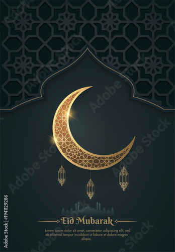 islamic greetings eid mubarak template design with decorative crescent and lanterns