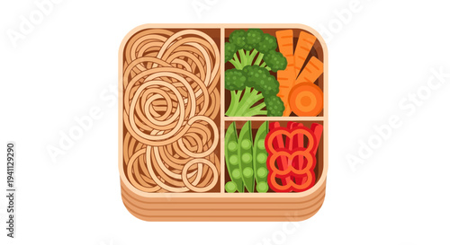 Healthy Bento Box Lunch: Noodles, Broccoli, Carrots, Peas, Bell Pepper
