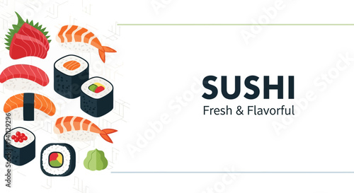 Fresh Sushi Assortment with "Fresh & Flavorful" Text - Japanese Cuisine