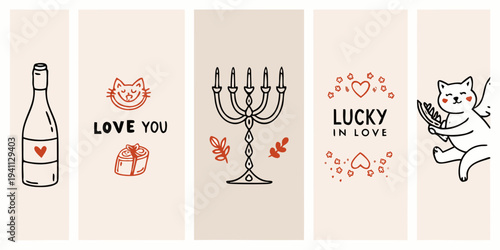 A series of illustrated bookmarks featuring romantic and celebratory themes